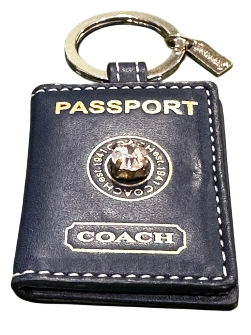 Coach Navy Leather 'Passport' Keychain with Gold Hardware - Picture 2 of 13